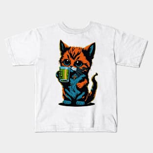 Cartoonish Kitten With Beer Mug Kids T-Shirt